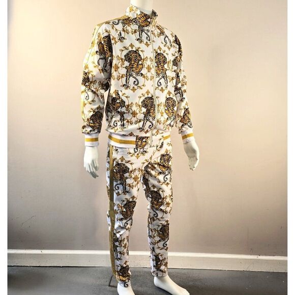 Tiger Print Track Suit Set G -Style USA Mens Sz M Animal Print Gold Accents - Picture 4 of 11